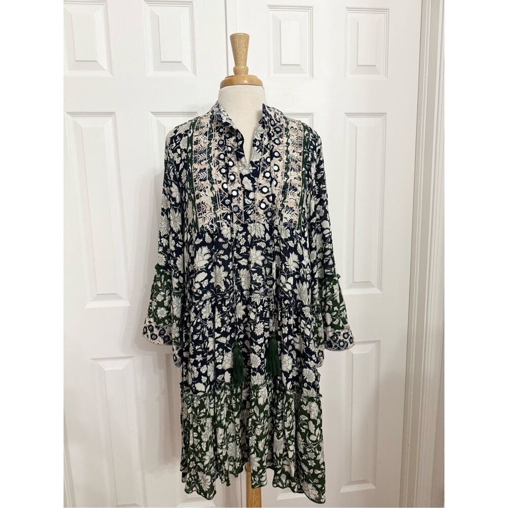 Miss June Oceane Floral Navy & Green Floral Bell Sleeve‎ Bohemian Dress M L OS